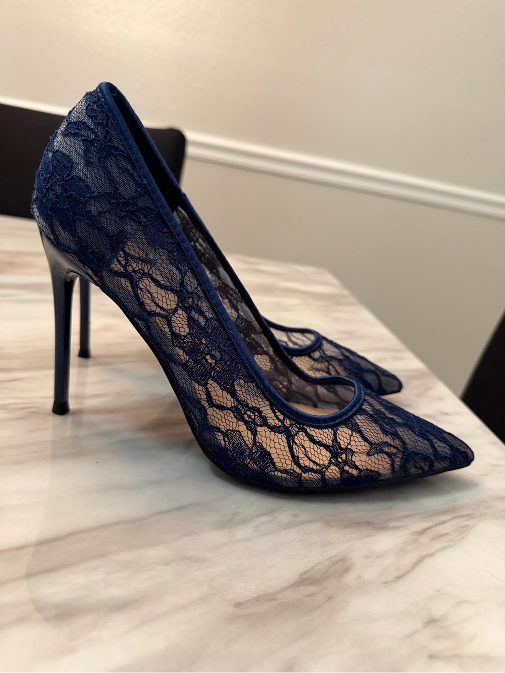 SHEIN Navy Lace Pointed Stiletto Pumps